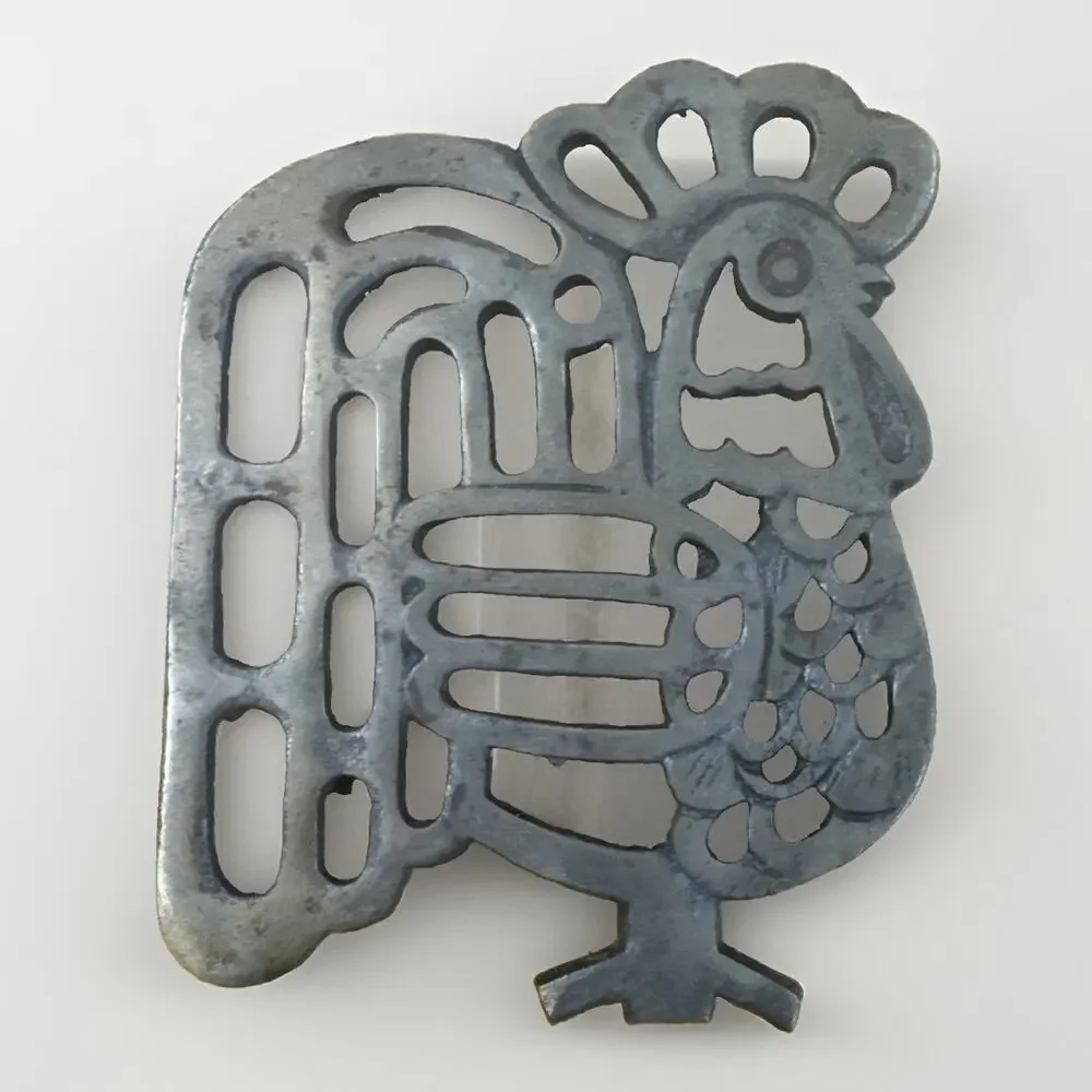 Vintage Rooster Cast Iron Trivet Silver Hot Plate Farmhouse Country Kitchen Deco